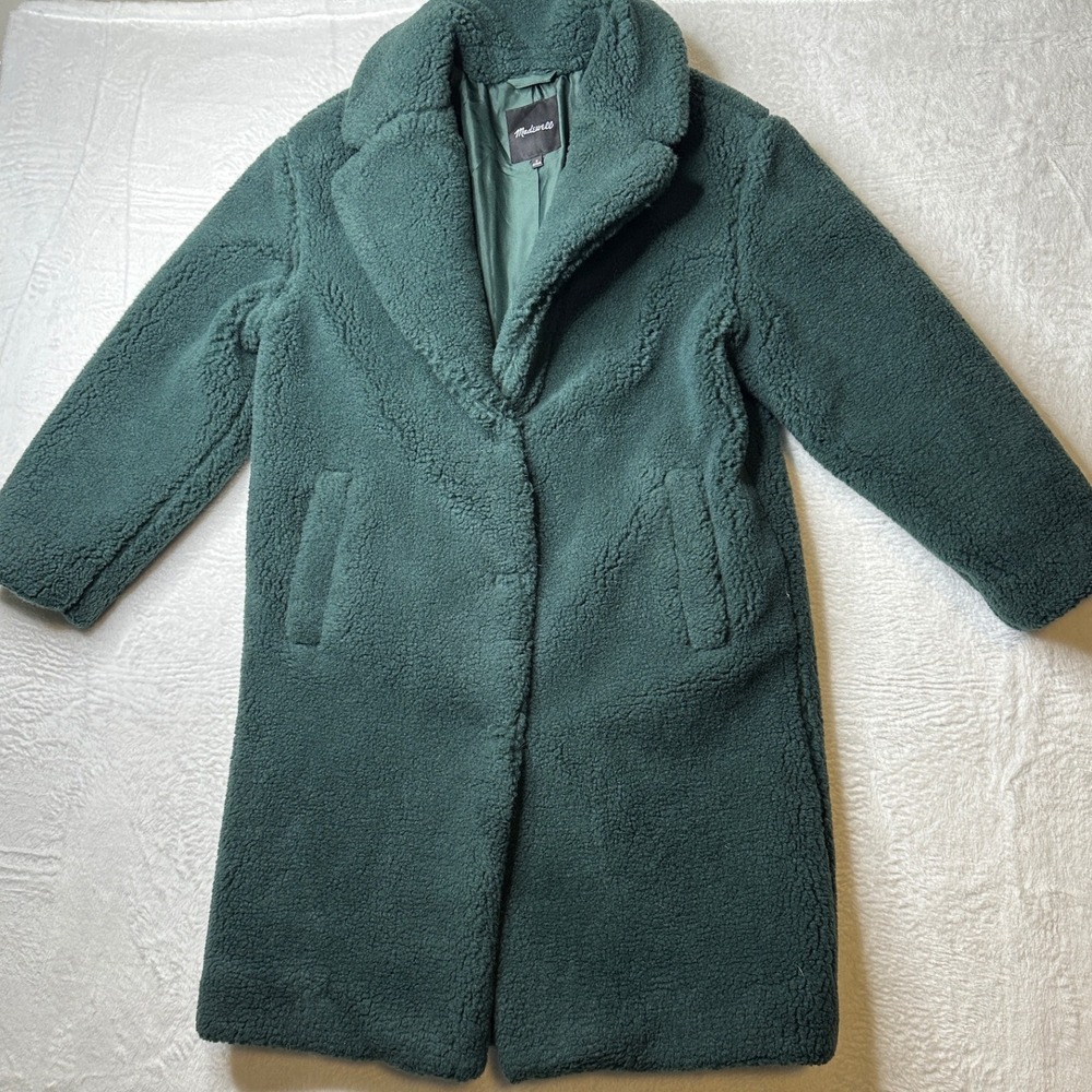 Madewell Sherpa Coat Womens Medium Green Long Sleeve Notched Lapel Pocket